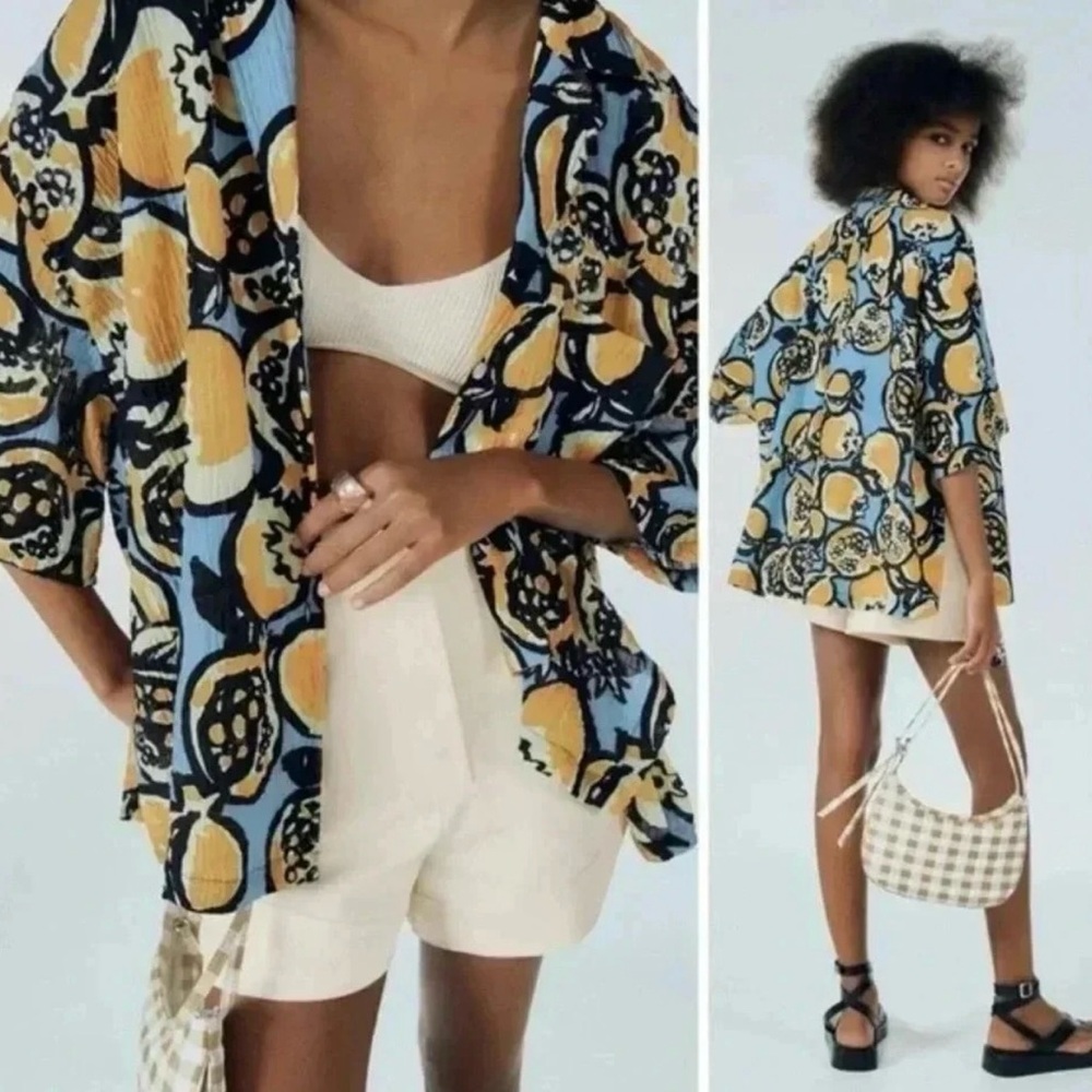 ZARA Citrus Lemon Printed Oversized Multicolour Top